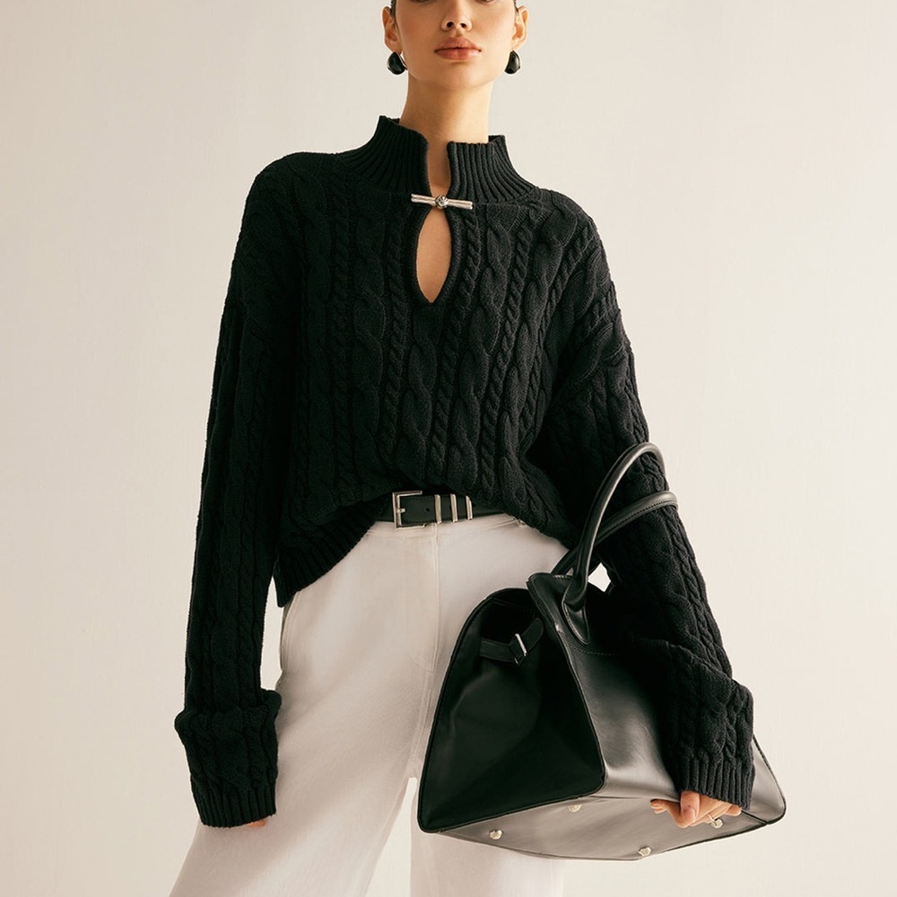 Commense Black Cable-Knit V-Neck Sweater with Keyhole - Picture 2 of 11